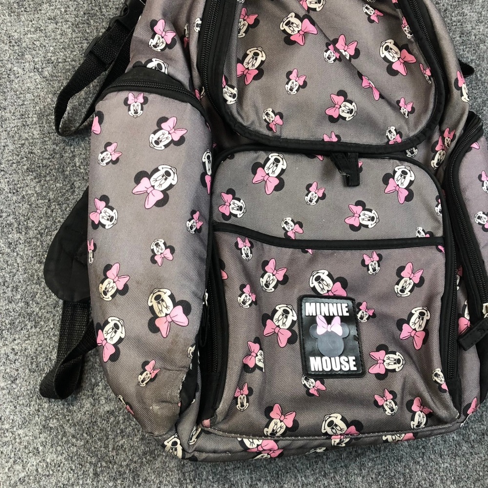 Disney Minnie Mouse Diaper Bag Backpack Grey Pink Bow Print Multi Pocket - Picture 3 of 7
